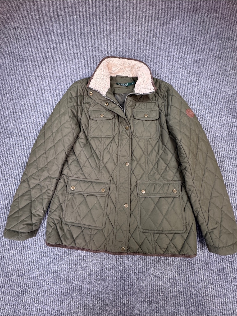 Ralph Lauren Olive Quilted Field Jacket with Sherpa Collar womens small 0471